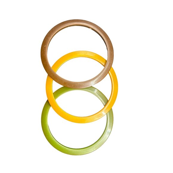 Vintage Bakelite Bangle Bracelets Set Of 3 Orange Brown Green Retro Style - Picture 1 of 7